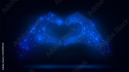 Blue glowing wireframe hands folded heart from fingers, gesture of friendship and love