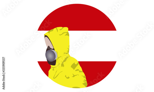 Illustration graphic of image man wearing hazmat suits to prevent Coronavirus and diseases on round Austria flag background. Wuhan virus disease. Vector EPS10. covid-19.