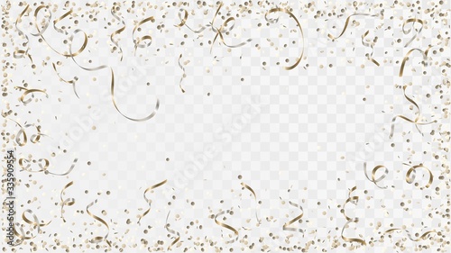 Golden confetti and ribbons on a transparent background, frame of party decorations