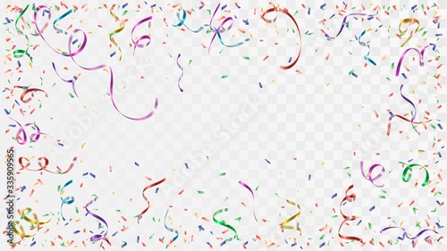 Colorful confetti and ribbons on a transparent background, frame of party decorations