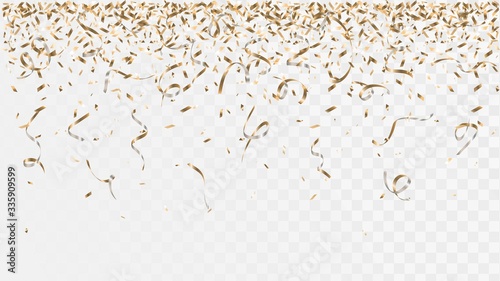Golden confetti and ribbons on a transparent background, falling party decorations