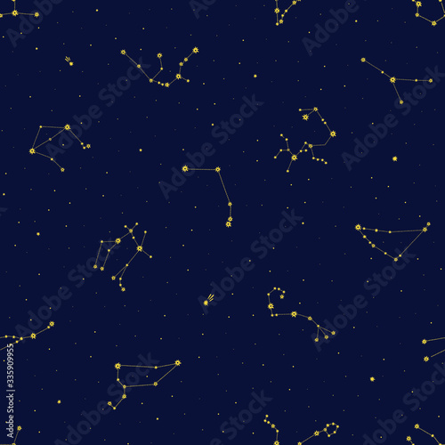 Seamless vector pattern with gold zodiacal constellations on blue background. Zodiac signs. Space background.