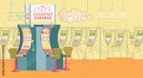 Large Game Hall with Slot Machine and Bright Sign.