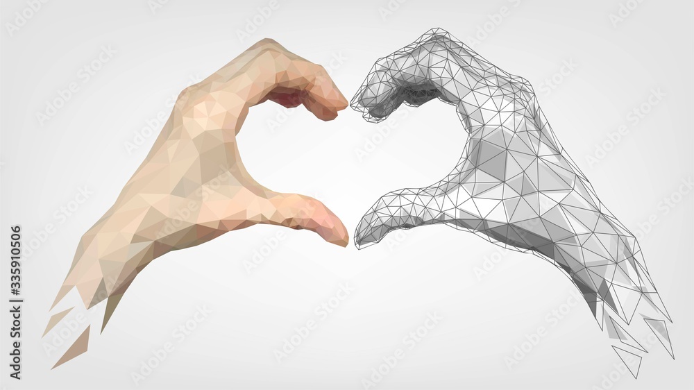 Human and robot low poly hands folded heart made of fingers, gesture of friendship and love of people and machines