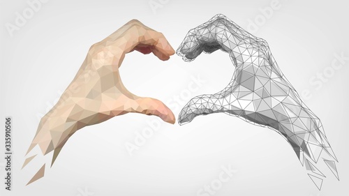 Human and robot low poly hands folded heart made of fingers, gesture of friendship and love of people and machines