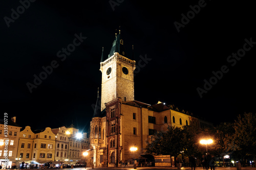 View of the Old Clock Tower in the Old Square, Prague, lit at night