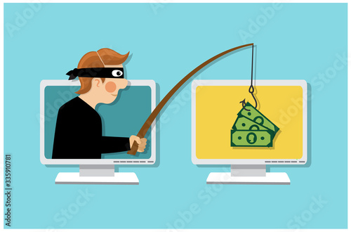 A masked thief holds a fishing rod and steals money over the Internet