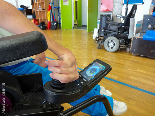 Powerchair hockey match. Accessible Sport for disabled.