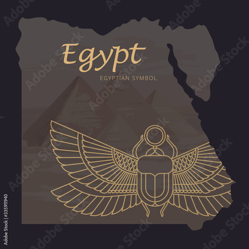 Vector map of Egypt with a background illustration of the pyramids and the image of a scarab beetle with the sun in its paws.