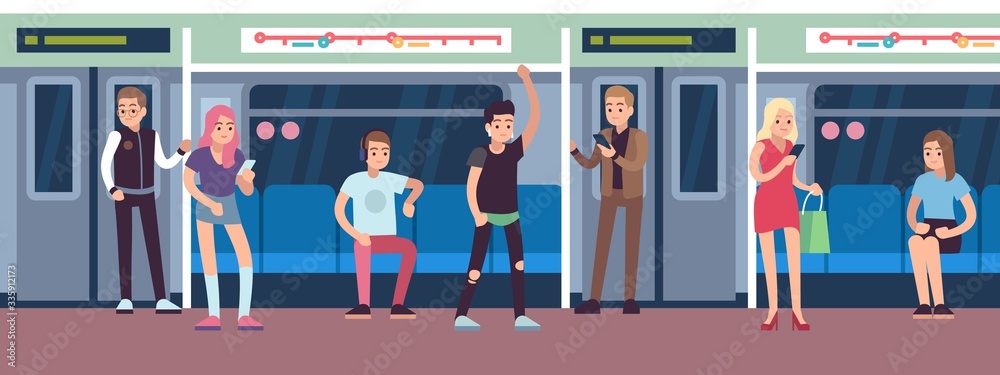 People in subway. Urban underground mass transit with female, male characters, public transport subway wagon in metropolis. Vector concept People in subway. Urban underground mass transit with female, male characters, public transport subway wagon in metropolis. Vector concept