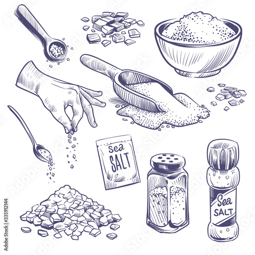Sketch sea salt. Hand drawn spice, seasoning packaging. Glass bottles with salt powder, salting crystals vintage engraved vector set