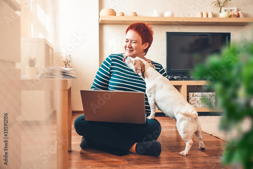 Woman works online using laptop computer, dog interferes. Quarantine coronavirus photo