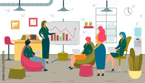 Women on Coaching in Loft Office Listen to Report.