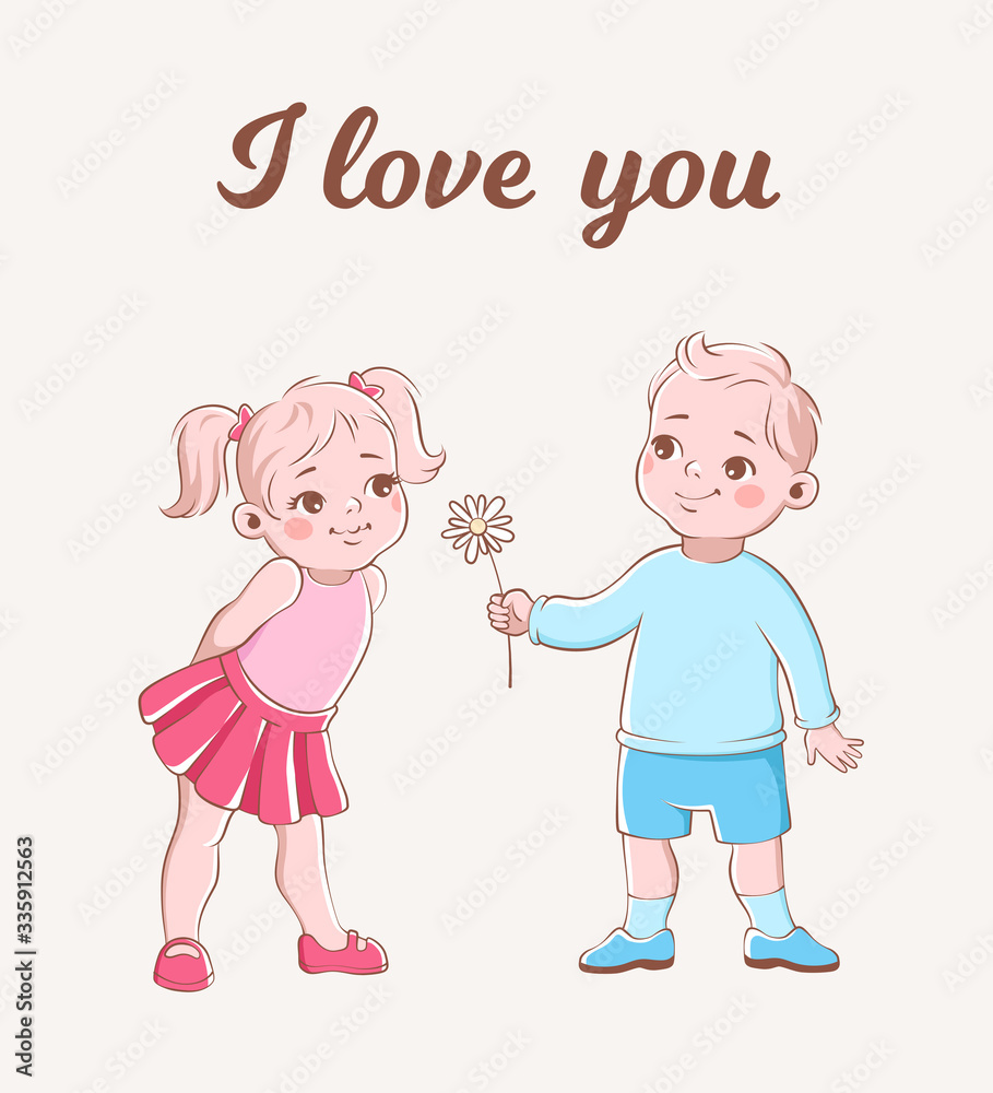 Girl and boy romantic card. Cartoon cute kids with flowers in love on date. Great relationship vector concept Girl and boy romantic card. Cartoon cute kids with flowers in love on date. Great relationship vector concept