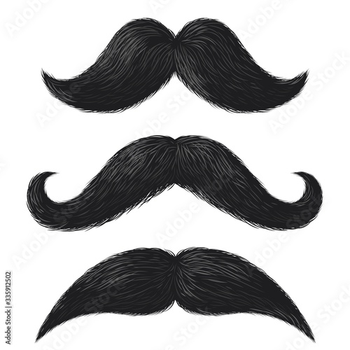 Realistic moustaches. Black mustache facial hair style, barbershop gentleman hipster fashion, fathers day decorative vector elements
