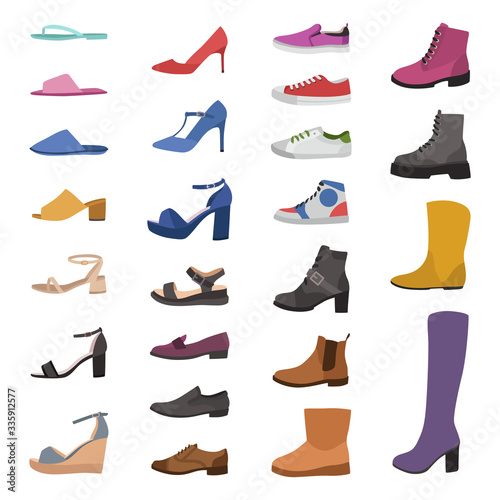 Shoes and boots. Various types footwear, mens, womens and childrens trendy casual, stylish elegant and formal shoes cartoon vector set
