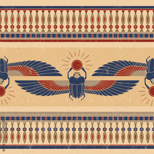 Symbols of ancient Egypt in the form of a rogue horizontal pattern with an illustration of a scarab beetle.