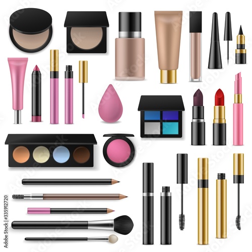 Makeup cosmetics tools. Professional accessory for decorative cosmetics. Different realistic brushes makeup artist, lipsticks vector set