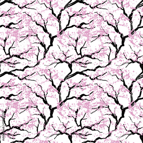 Blooming tree painted in japanese style, seamless pattern
