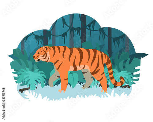 Cartoon tiger walking in a tropical jungle. Stock vector illustration. Rainforest inhabitants.