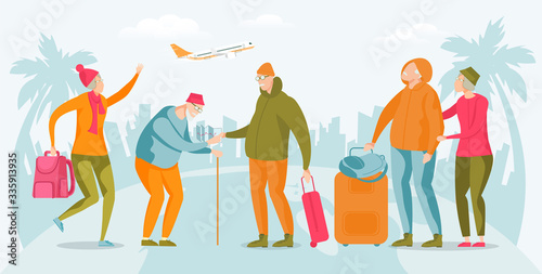 Pensioner Group on Tropical Trip Looking at Map.