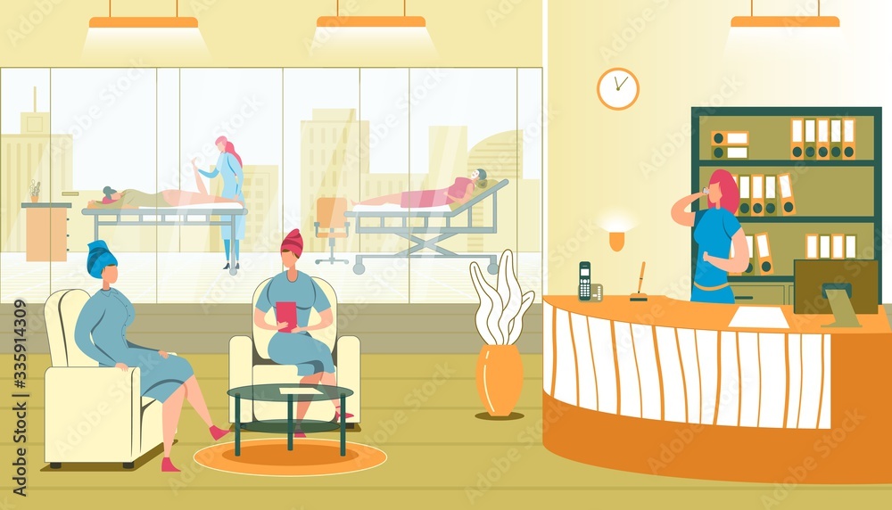 Spa Salon Reception Counter, Women Visiting Spa. Spa Salon Reception Counter, Women Visiting Spa.