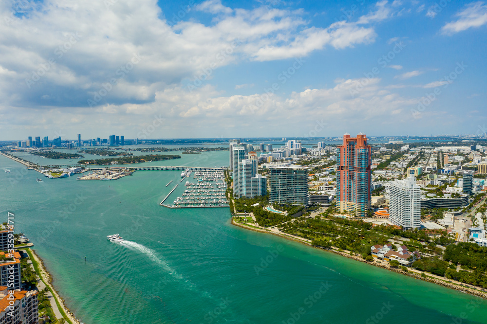Beautiful colorful photo Miami beach facing northwest at Government Cut