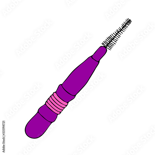 Interdental brush orthodontic braces. Pipe-cleaner dental product personal oral hygiene home in bathroom. Color vector isolated flat doodle realistic drawing with black outline white background icon.