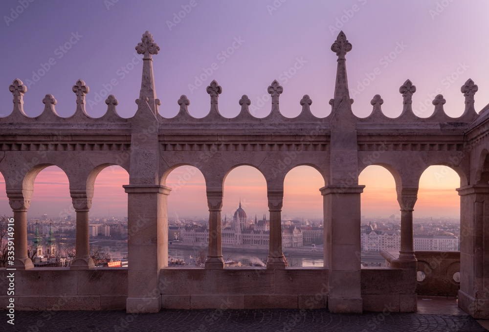 Beautiful view from the Fisherman's Bastion on the Hungarian Parliament at the winter sunrise, Hungary