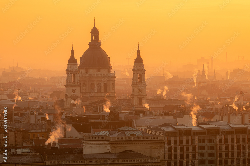 Beautiful golden sunrise over Basilica St Stefan in Budapest, Hungary