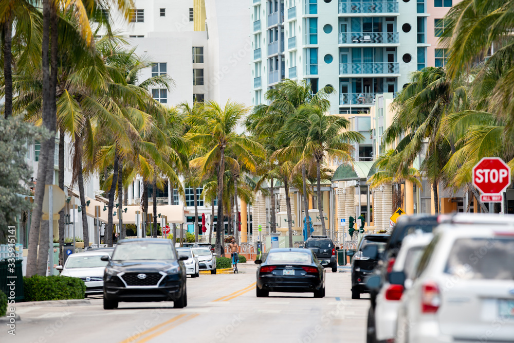 Slow scene Miami Beach Ocean Drive during Coronavirus Covid 19 quarantine