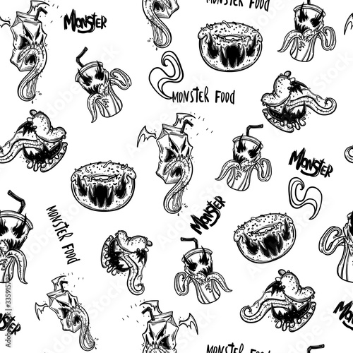 Funny monsters seamless pattern for coloring book. Food monsters. Vector illustration
