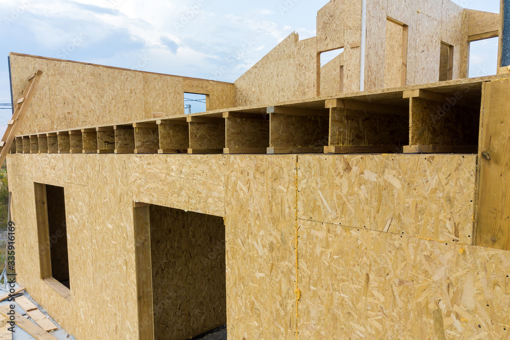 Construction of new and modern modular house. Walls made from composite