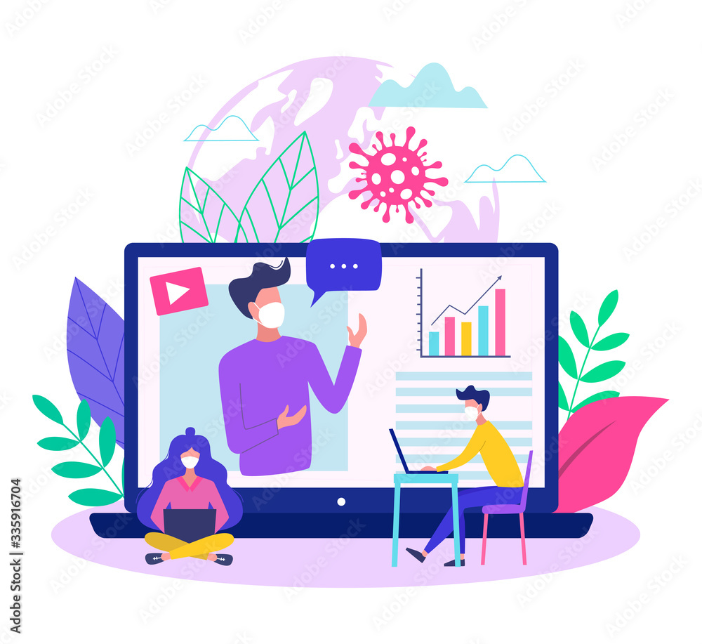 Obraz premium Concept of online education or work from home during covid - 19 outbreak modern vector illustration.