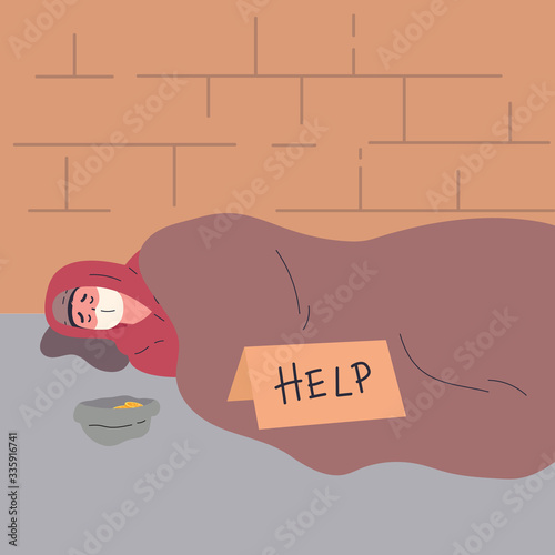 Homeless man begging money and needing help.Homeless man in medical mask during quarantine sleeps outside.Flat cartoon character isolated on white background.Colorful vector illustration.