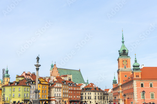 Warsaw, Poland - 21/ 02/ 2020:. Beautiful multi-colored houses in the old town in Warsaw. The central streets of the historic center of Warsaw. The main tourist attraction of Warsaw. 