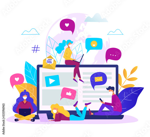 Concept of online education or communication during covid - 19 outbreak modern vector illustration. Stay home.