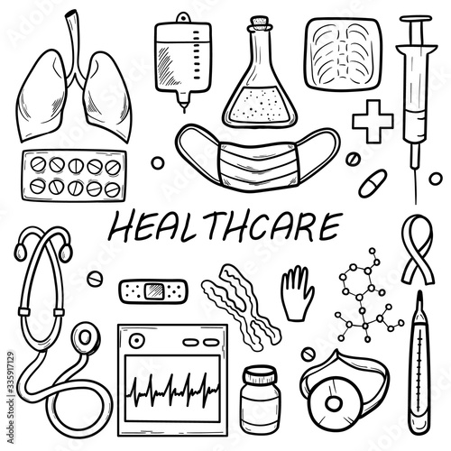 Healthcare and Medicine Vector illustration. Hand Drawn Doodle Drugs and Medical Products and Devices Background for your design