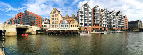 Gdansk, Poland - 21/ 06/ 2019:. Beautiful multi-colored houses in the old town in Gdansk. The central streets of the historic center of Gdansk. The main tourist attraction of Gdansk. Panoramic photo.