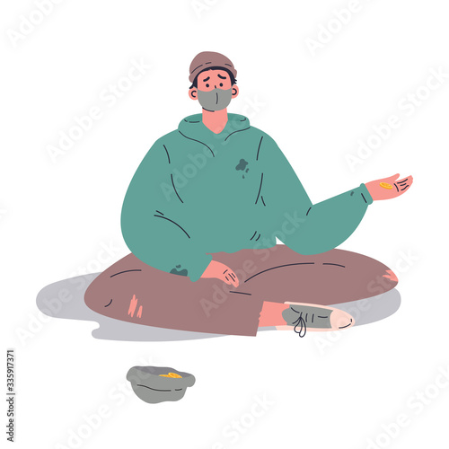 Homeless man begging money and needing help.Homeless man in medical mask during quarantine.Flat cartoon character isolated on white background.Colorful vector illustration.