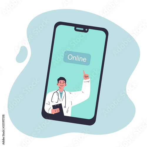 Coronavirus pandemic.Medicine during quarantine.Doctor online on mobile phone.Doctor with online medical consultation concept.Healthcare services,Vector colorful illustration.Flat cartoon character