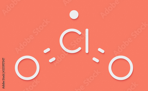 Chlorine dioxide (ClO2) molecule. Used in pulp bleaching and for disinfection of drinking water. Skeletal formula.