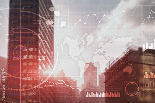 Data Analysis. Trading Control Panel on Virtual Screen Modern City Background