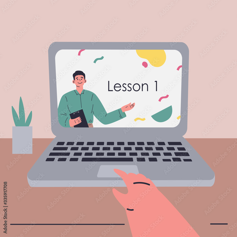 Coronavirus pandemic.Online courses and video lessons on laptop.Education during coronavirus quarantine. Student studying online in isolation.Vector colorful illustration.Flat cartoon character