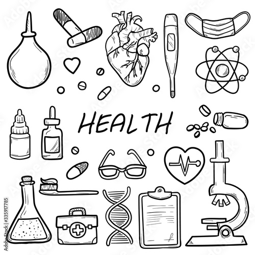 Healthcare and Medicine Vector illustration. Hand Drawn Doodle Drugs and Medical Products and Devices Background for your design