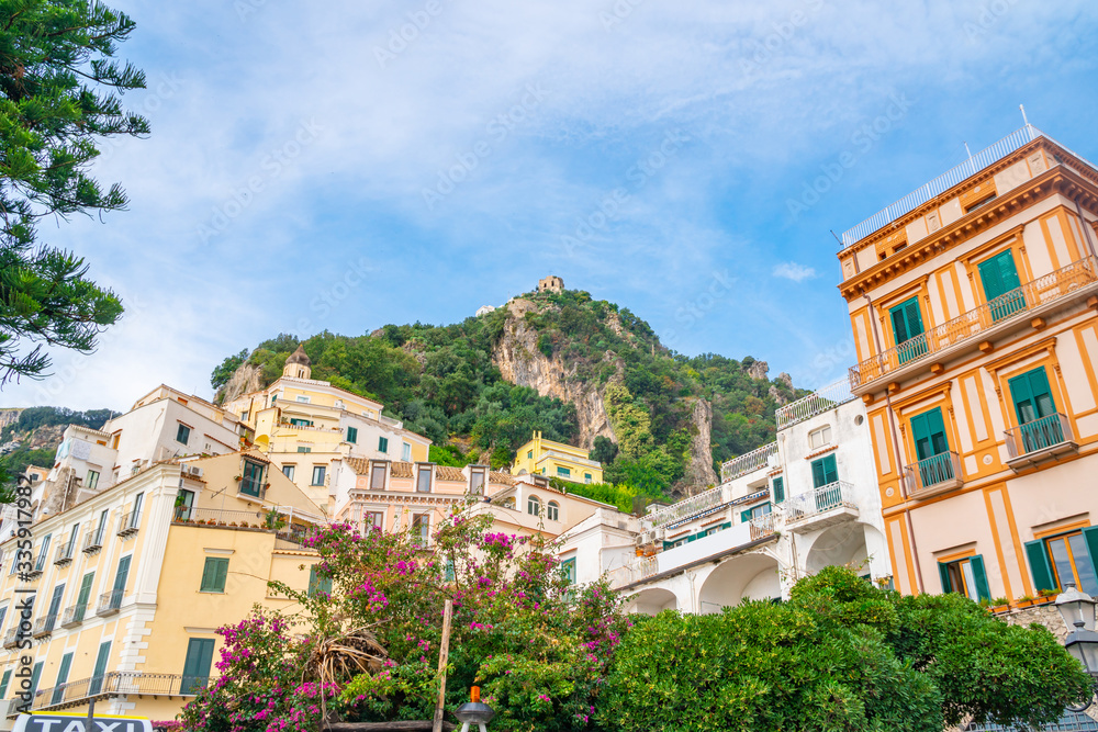 colorful houses on the slopes of the Amalfi coast, Italy