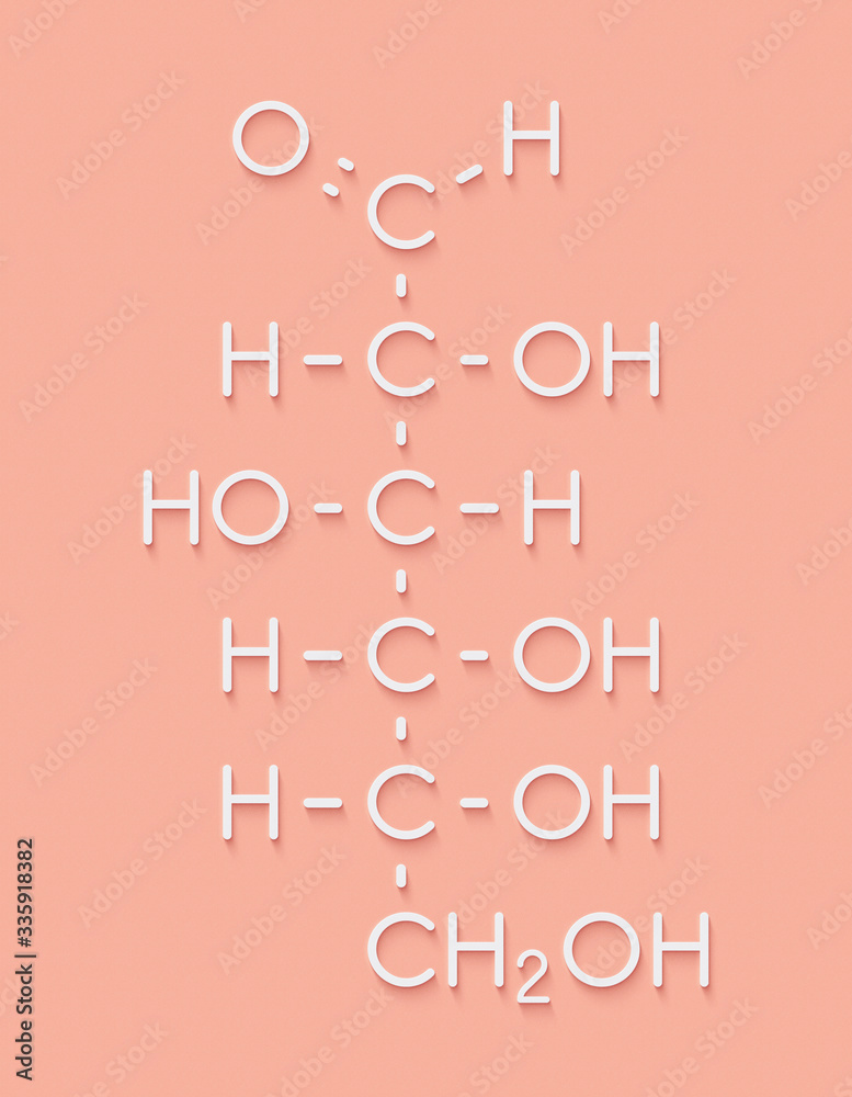 Glucose (Dglucose, dextrose) grape sugar molecule. Skeletal formula