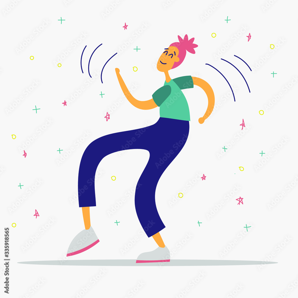 Girl dancing at the party. Flat cartoon character with doodle elements. Invitation for dance party, celebration greeting card. Happy young woman performing dance at a dance floor. Vector illustration. Girl dancing at the party. Flat cartoon character with doodle elements. Invitation for dance party, celebration greeting card. Happy young woman performing dance at a dance floor. Vector illustration.