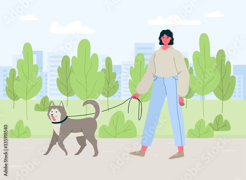 Young woman walking with dog outdoor in the park, healthy active lifestyle. Colorful flat cartoon vector Illustration for service of pet sitter, walker, vet clinic, pet care, hospital, dog shelter.