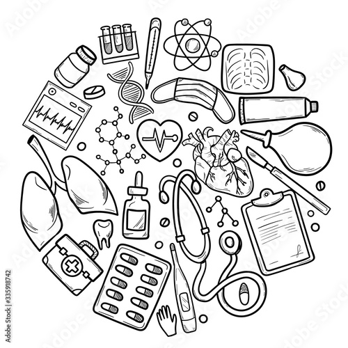 Healthcare and Medicine Vector illustration. Hand Drawn Doodle Drugs and Medical Products and Devices Background for your design
